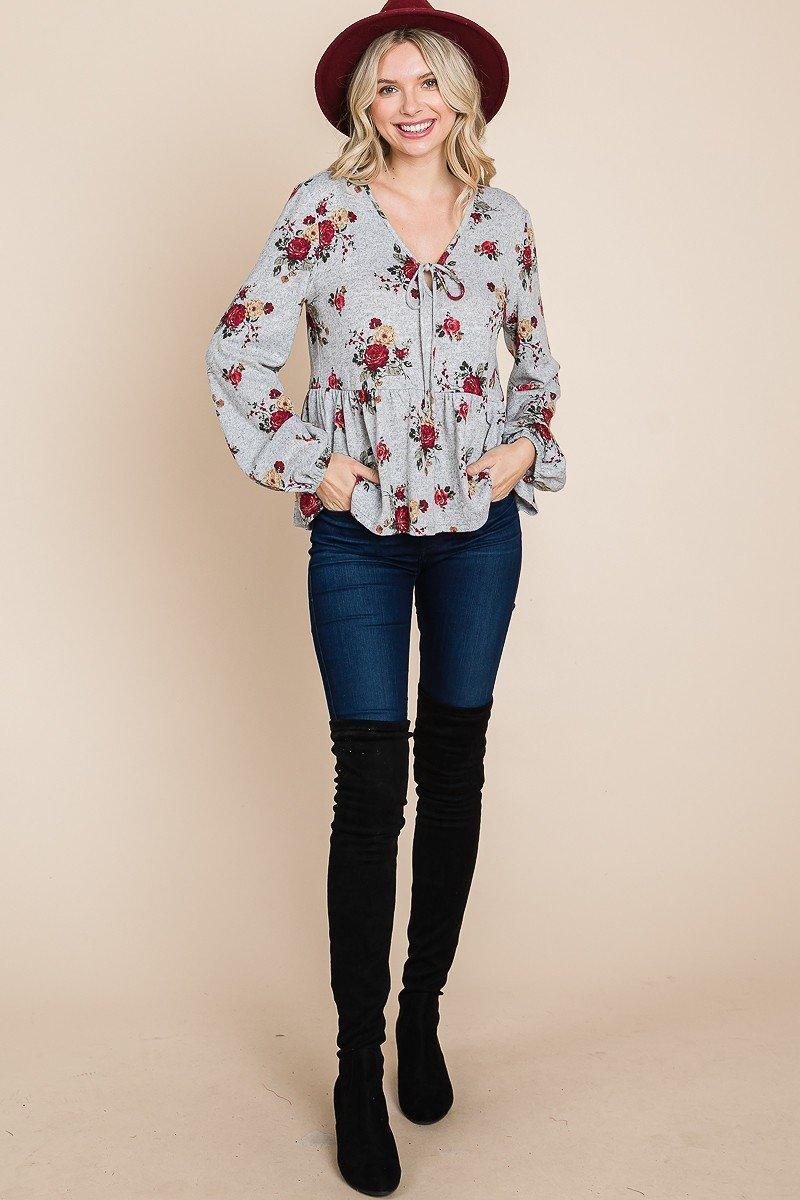 Floral Hacci Printed Babydoll Top With Elastic Cuff Sleeves | Mixtshop LLC