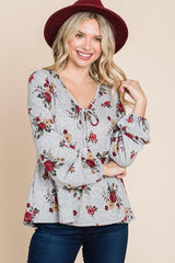 Floral Hacci Printed Babydoll Top With Elastic Cuff Sleeves | Mixtshop LLC