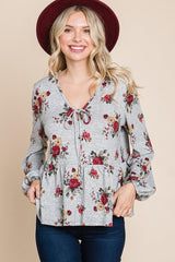 Floral Hacci Printed Babydoll Top With Elastic Cuff Sleeves | Mixtshop LLC