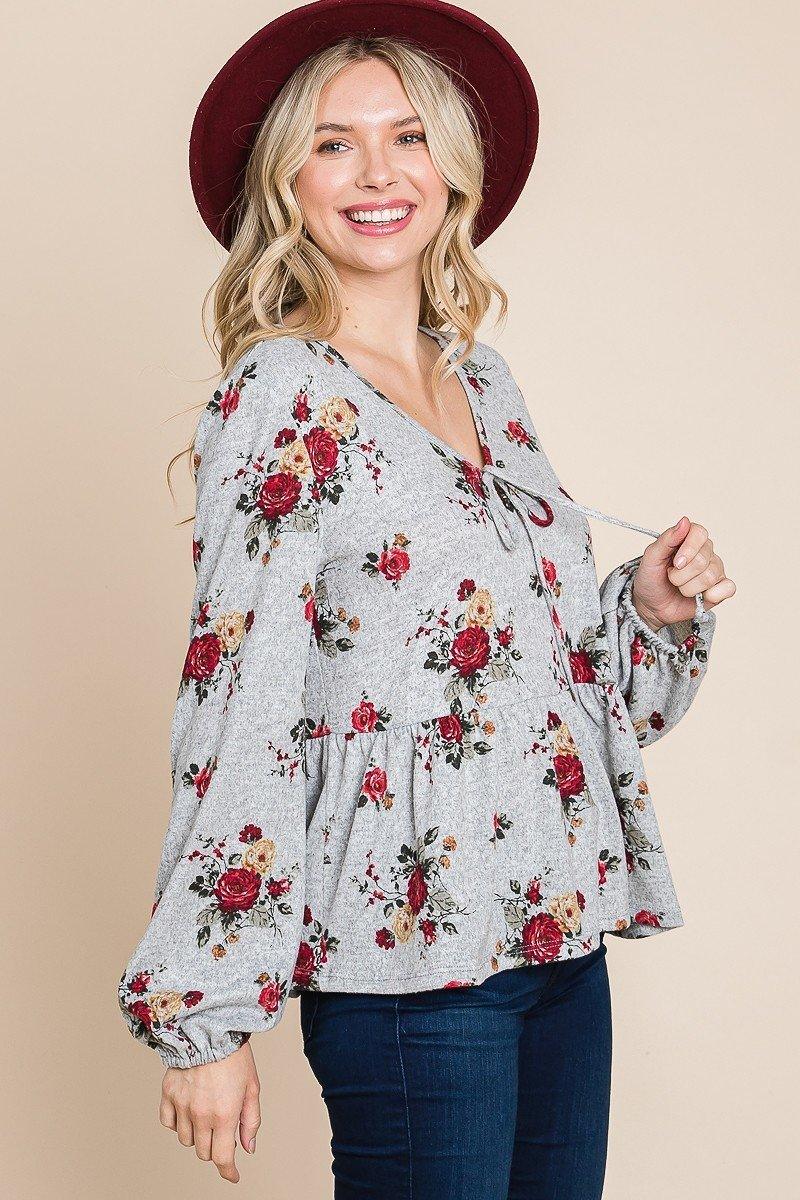 Floral Hacci Printed Babydoll Top With Elastic Cuff Sleeves | Mixtshop LLC