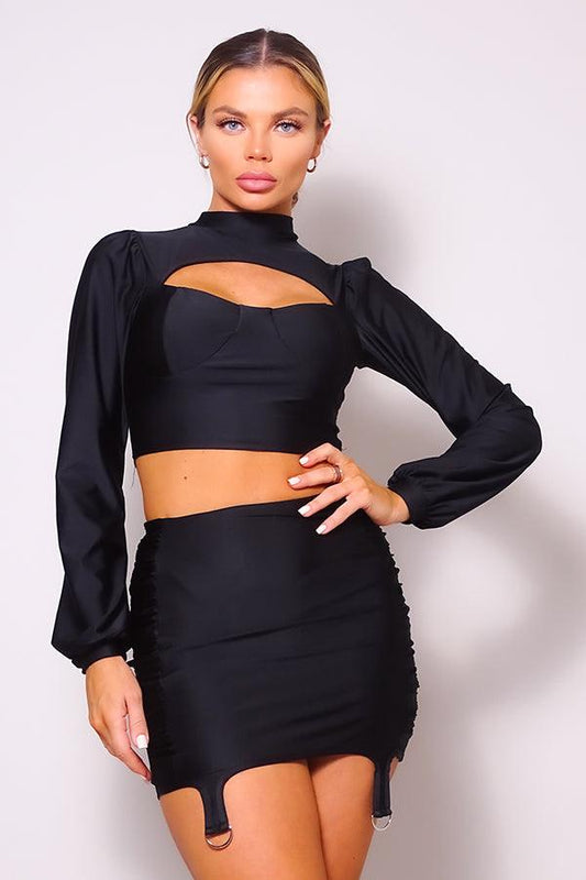 Puff Long Sleeve Front Cutout Turtleneck Blouse & Side Ruched Garter Mini Skirt Set | Mixtshop LLC