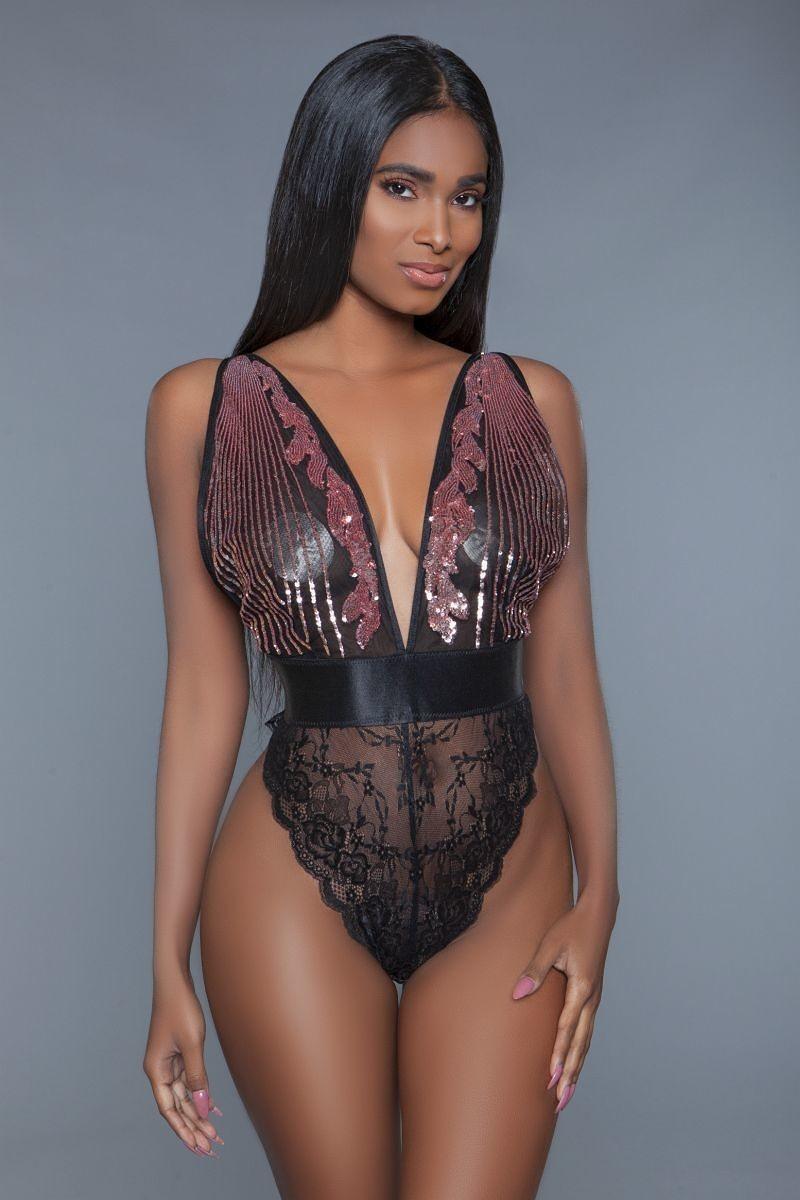 1 Pc. Cut-out Lace Bottoms With Raspberry-pink Sequins Plunging Sheer Neckline | Mixtshop LLC