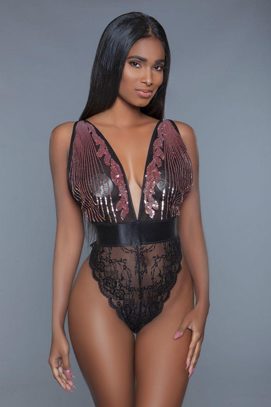 1 Pc. Cut-out Lace Bottoms With Raspberry-pink Sequins Plunging Sheer Neckline | Mixtshop LLC