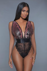 1 Pc. Cut-out Lace Bottoms With Raspberry-pink Sequins Plunging Sheer Neckline | Mixtshop LLC