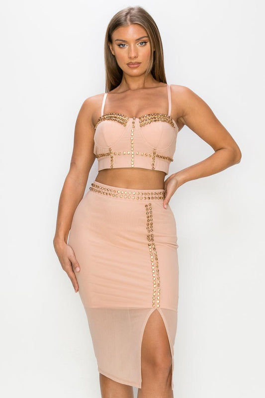 Studded Stone Cami Top & Slit Mini Skirts Set | Mixtshop LLC