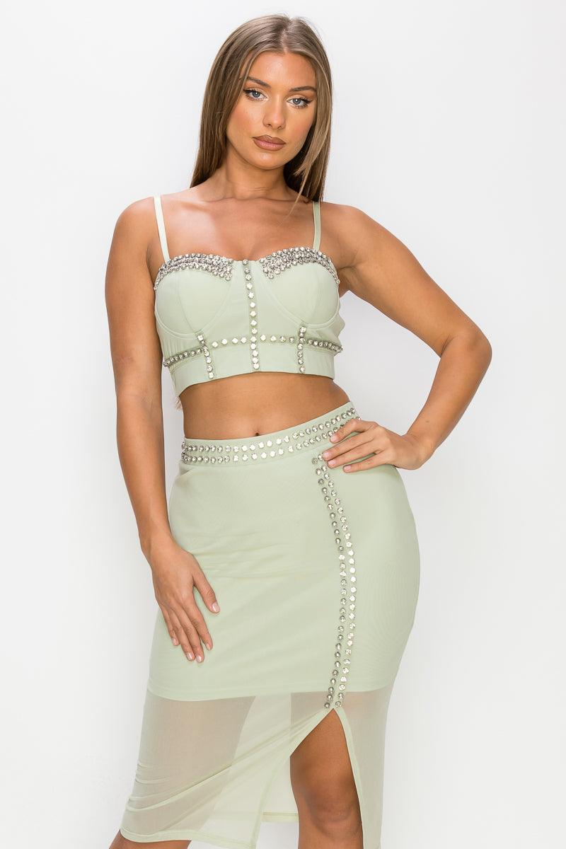 Studded Stone Cami Top & Slit Mini Skirts Set | Mixtshop LLC
