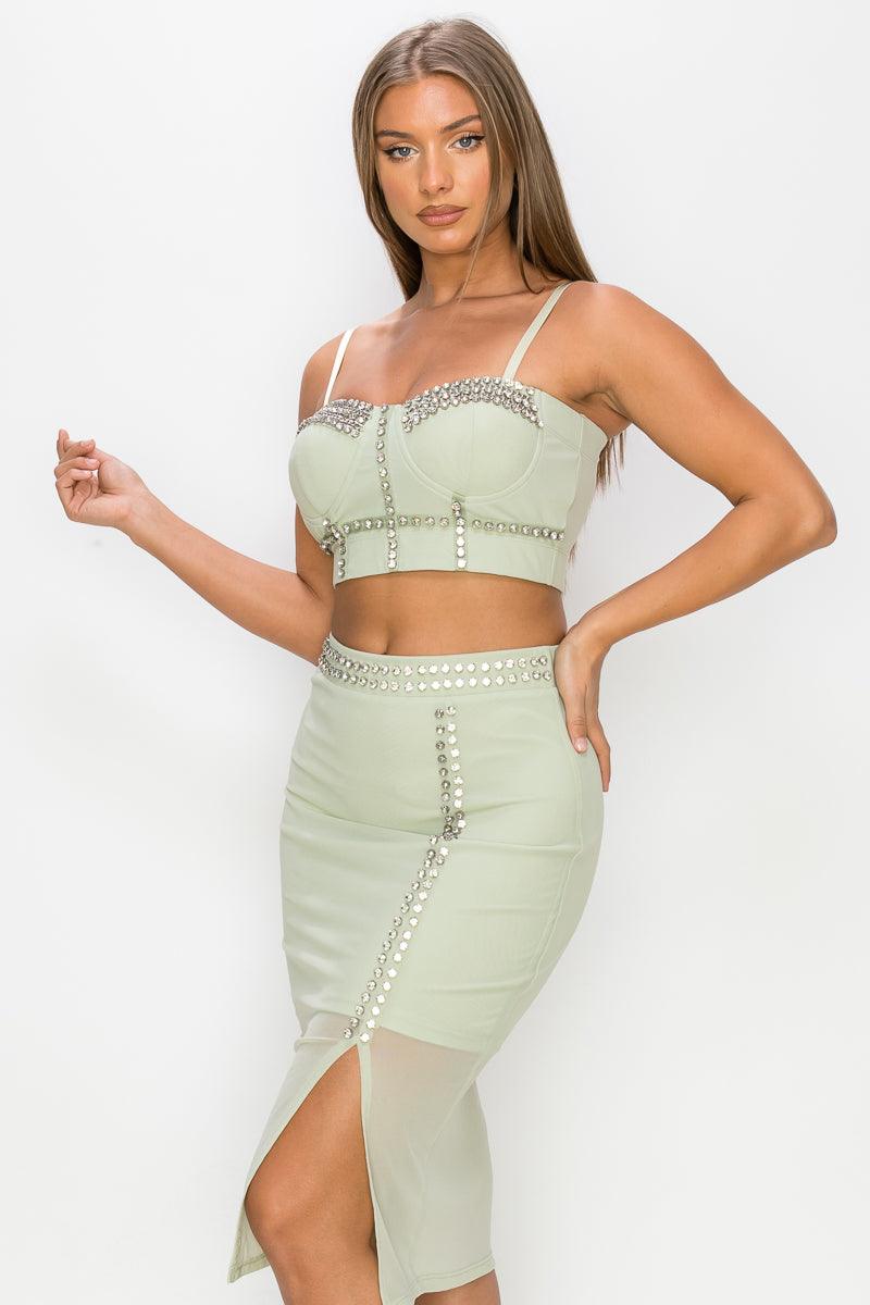 Studded Stone Cami Top & Slit Mini Skirts Set | Mixtshop LLC