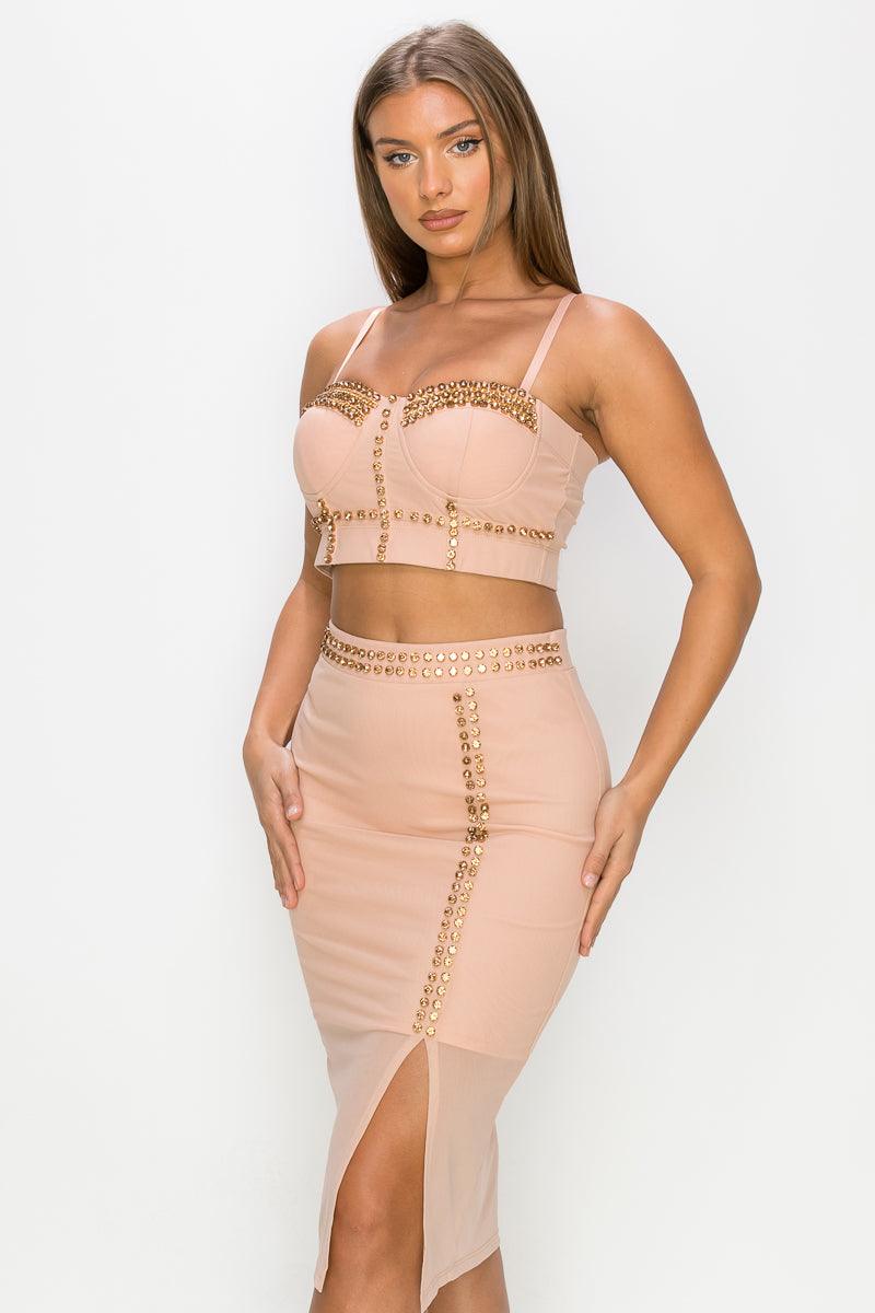 Studded Stone Cami Top & Slit Mini Skirts Set | Mixtshop LLC