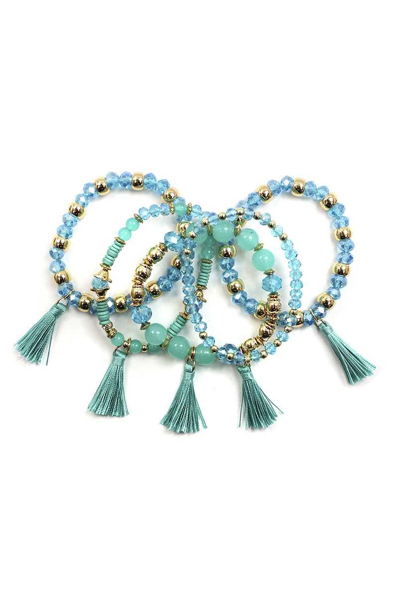 Crystal Stone Ball Bead Tassel Stretch Bracelet Set | Mixtshop LLC