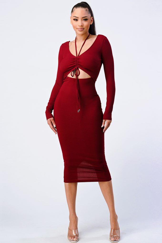 Trendy Front Shirring Cut-out Long Sleeved Dress | Mixtshop LLC