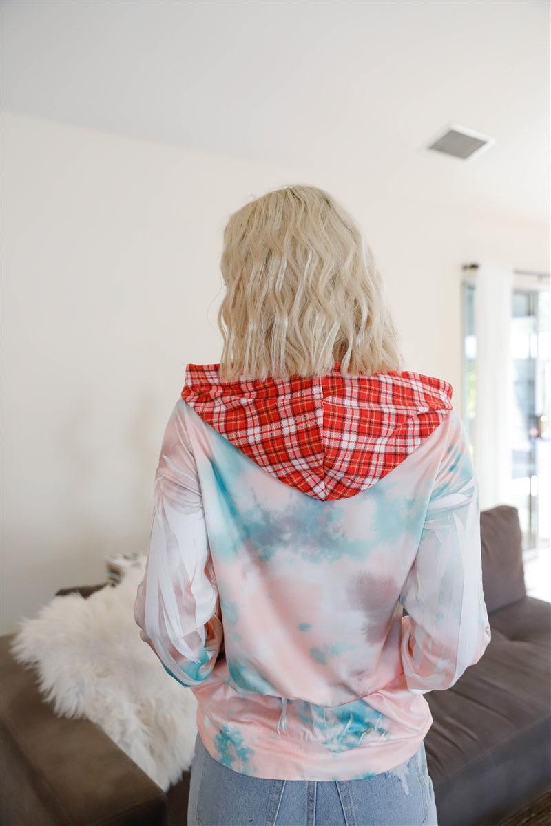 Feather & Tie-dye Print Contrast Plaid Hood Sweater | Mixtshop LLC