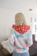Feather & Tie-dye Print Contrast Plaid Hood Sweater | Mixtshop LLC
