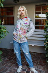 Grey Pink Flower Print Contrast Double Hood Sweater | Mixtshop LLC