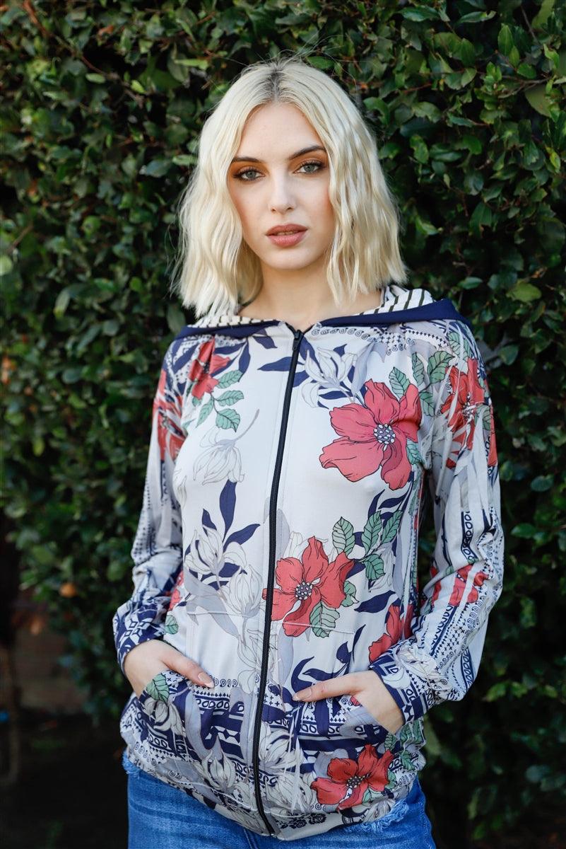 Navy Rust Flower Print Zip-up Contrast Striped Hood Sweater | Mixtshop LLC