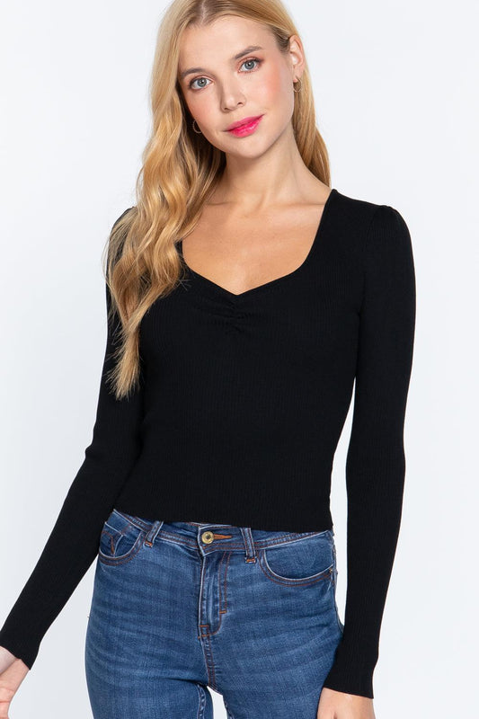 Shirring Sweatheart Neck Sweater | Mixtshop LLC