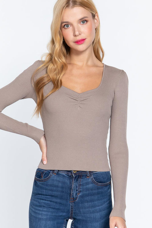 Shirring Sweatheart Neck Sweater | Mixtshop LLC