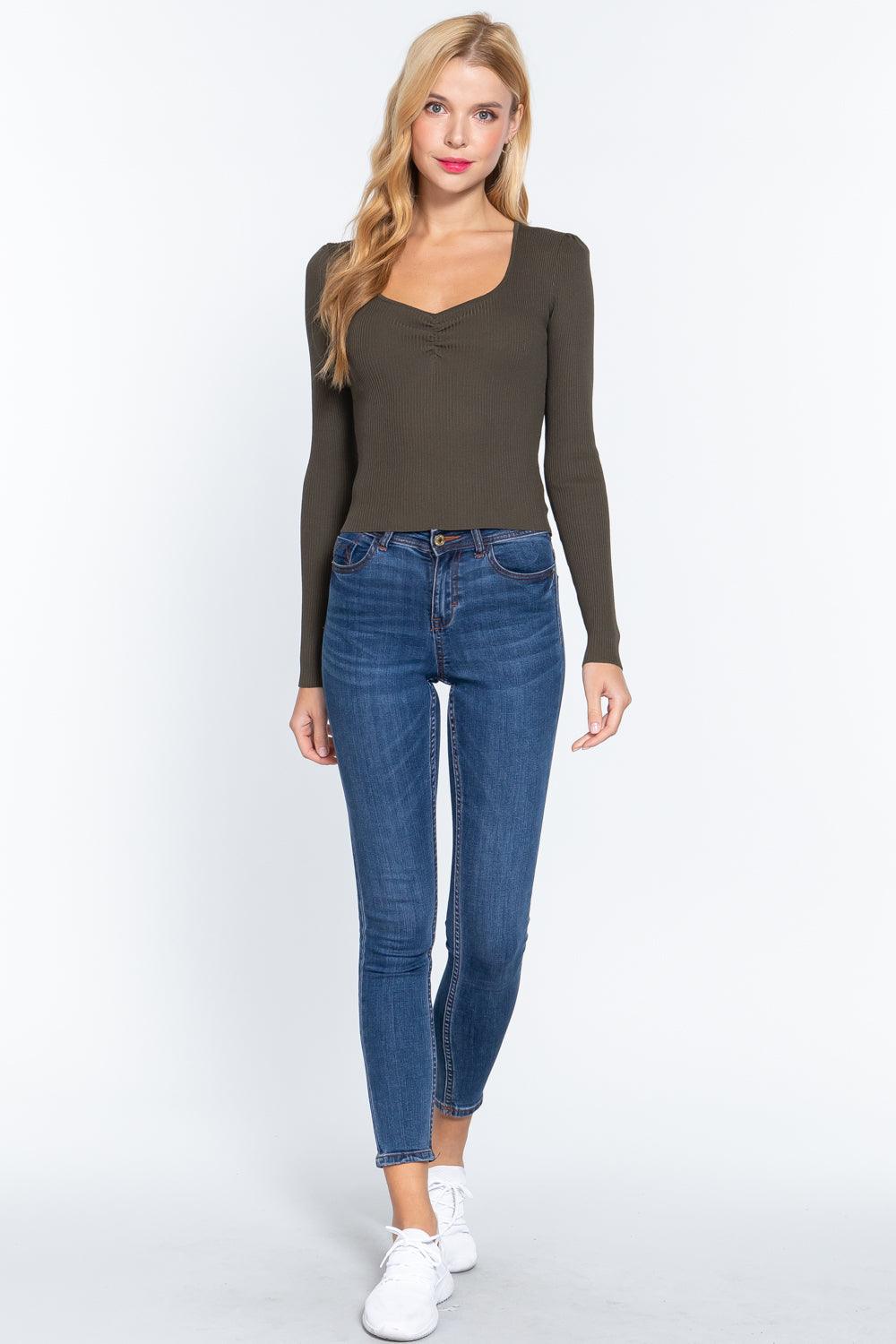 Shirring Sweatheart Neck Sweater | Mixtshop LLC