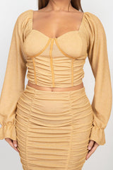 Sparkling Long Sleeves Ruching Back & Skirts Set | Mixtshop LLC