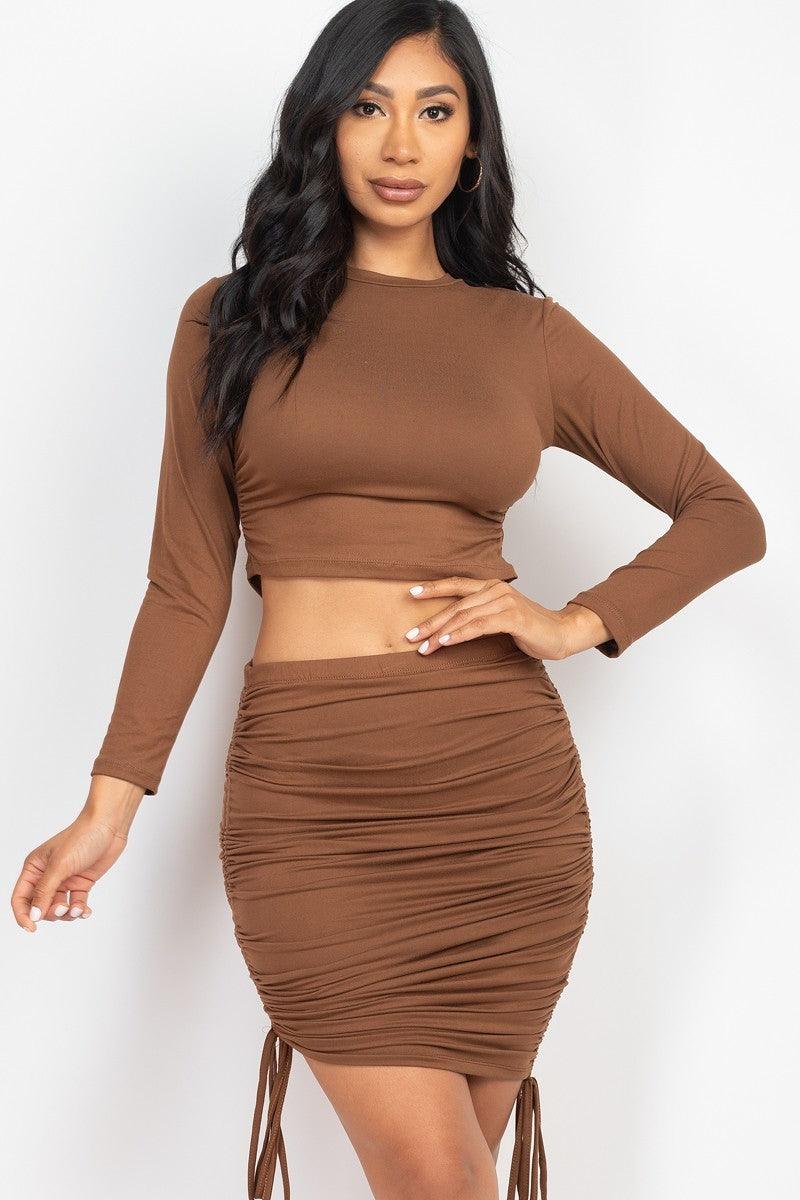 Ruched Side Crop Top & Drawstring Skirt Set | Mixtshop LLC