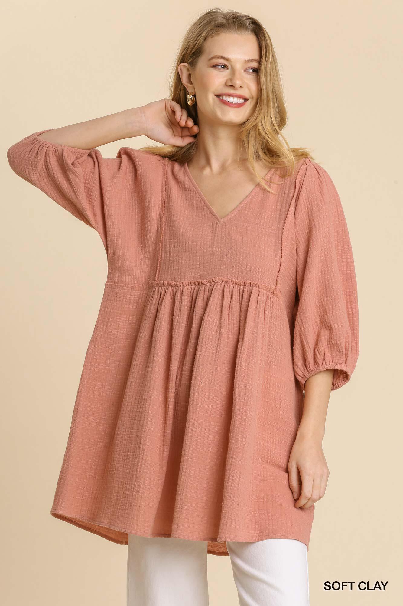 Gauze Slub V-neck Frayed Edge Detail Tunic Dress | Mixtshop LLC
