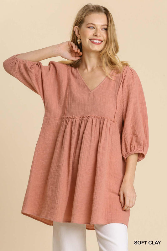 Gauze Slub V-neck Frayed Edge Detail Tunic Dress | Mixtshop LLC