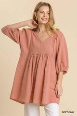 Gauze Slub V-neck Frayed Edge Detail Tunic Dress | Mixtshop LLC