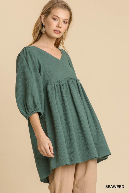 Gauze Slub V-neck Frayed Edge Detail Tunic Dress | Mixtshop LLC