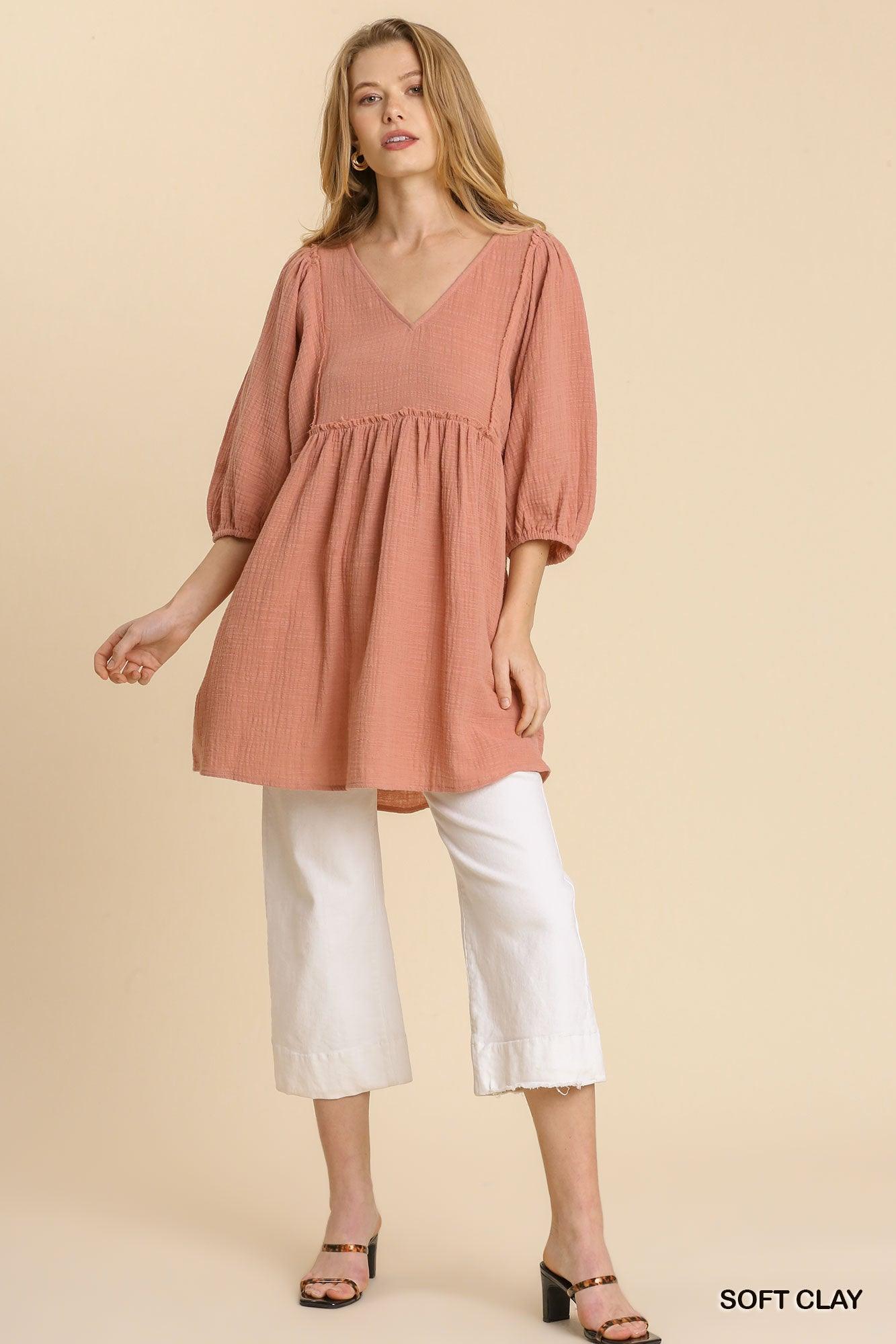 Gauze Slub V-neck Frayed Edge Detail Tunic Dress | Mixtshop LLC