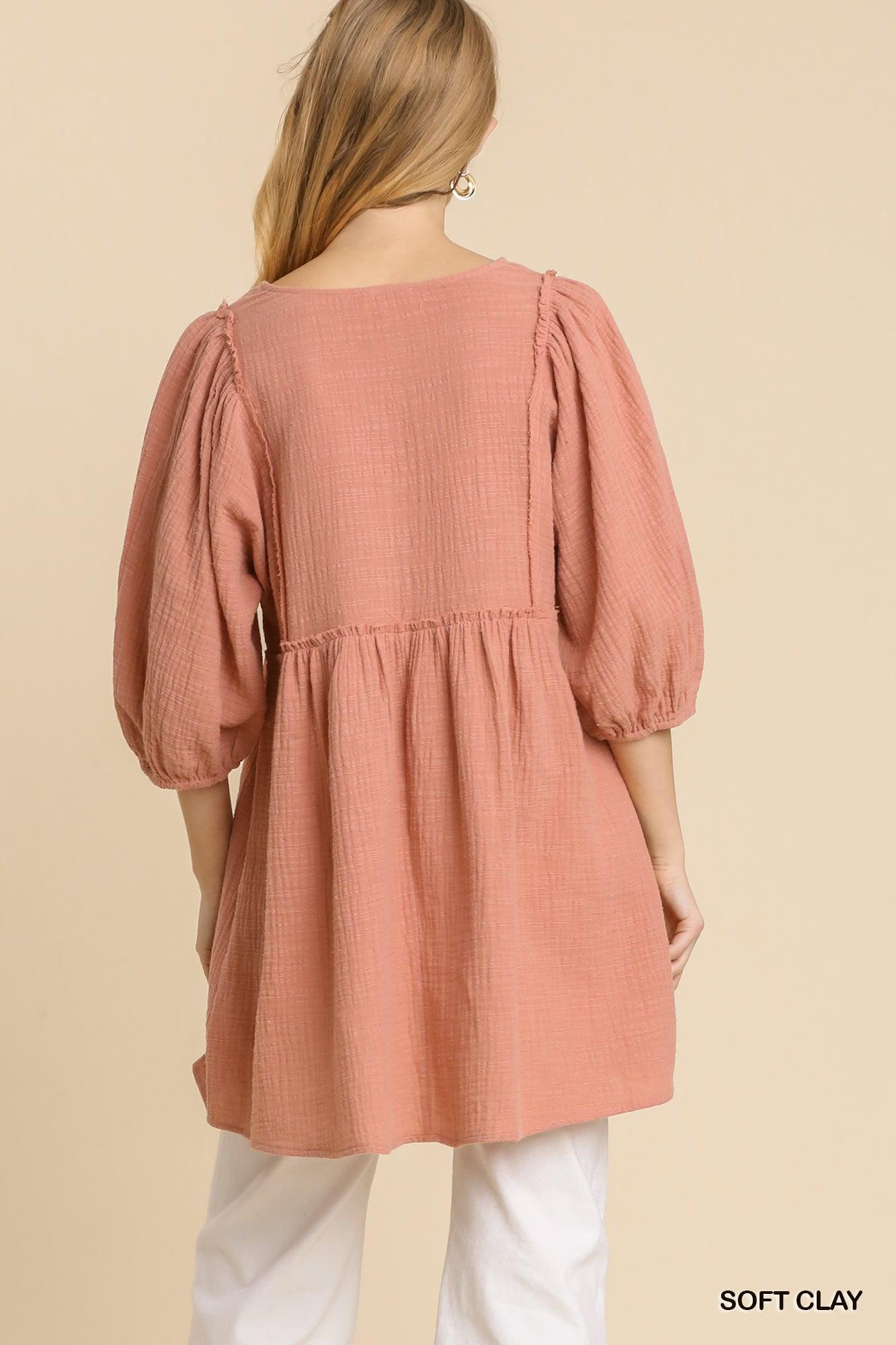 Gauze Slub V-neck Frayed Edge Detail Tunic Dress | Mixtshop LLC