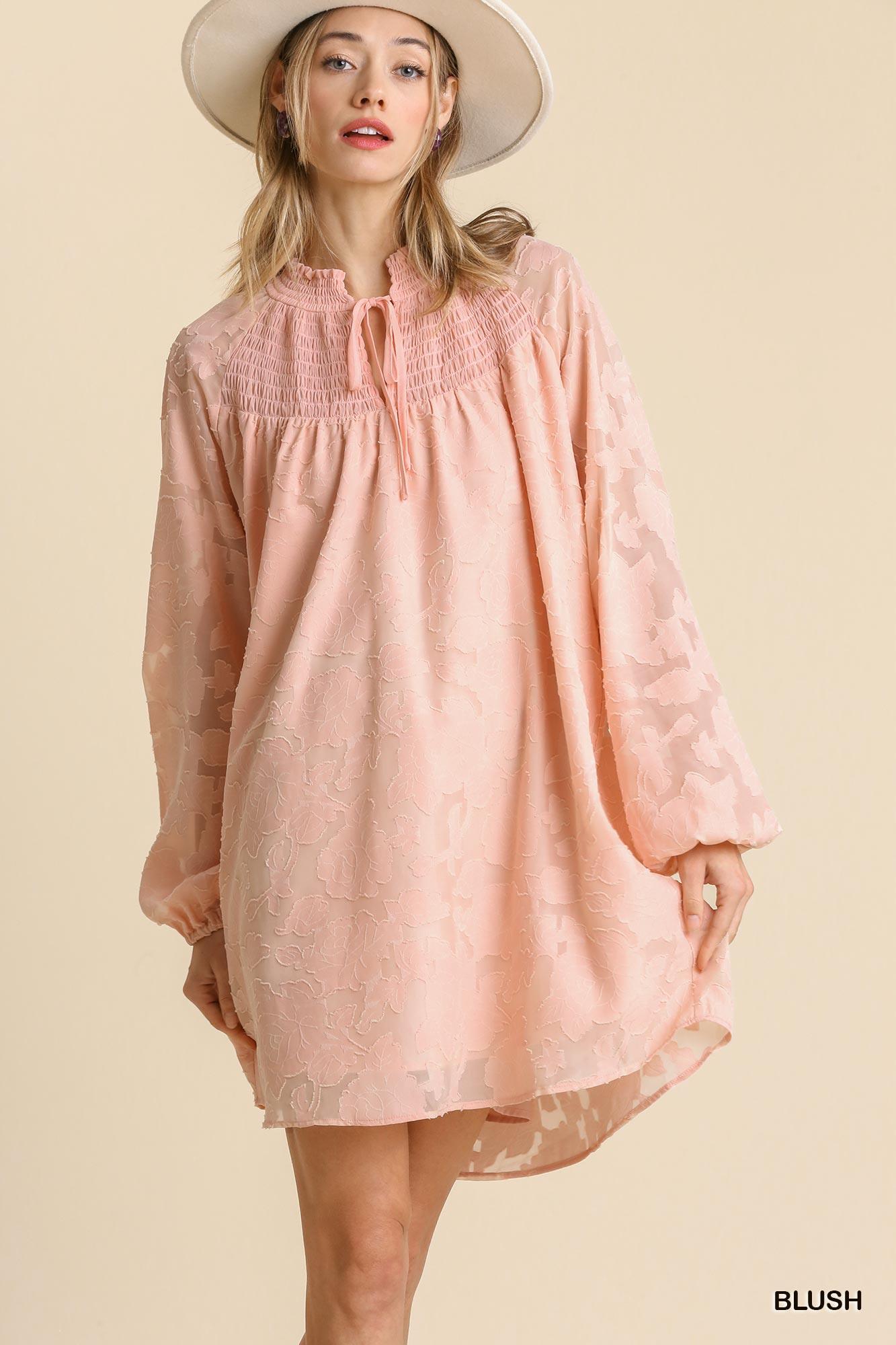 Jacquard Raglan Smocked Tie Neck Yoke Dress | Mixtshop LLC