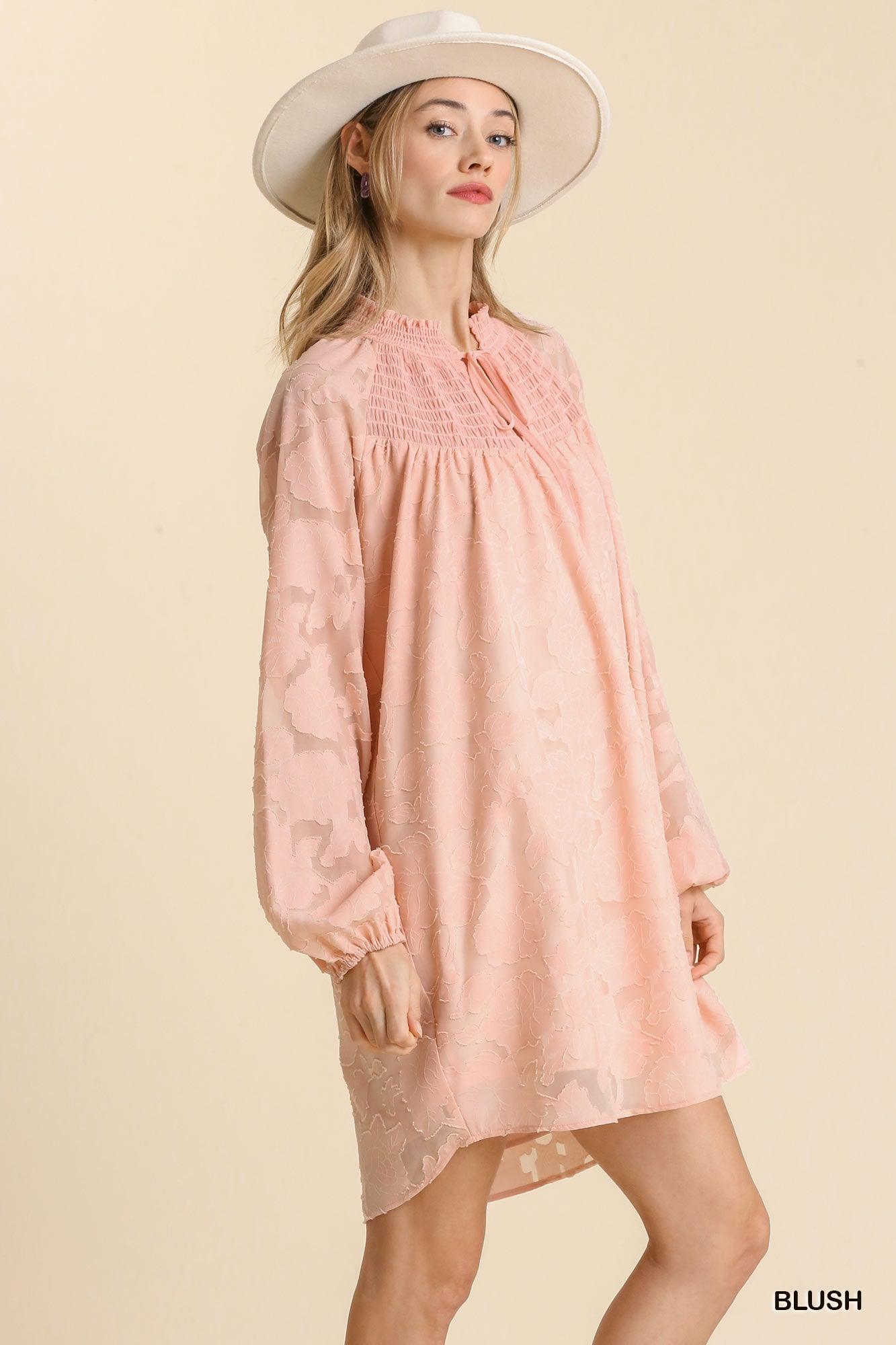 Jacquard Raglan Smocked Tie Neck Yoke Dress | Mixtshop LLC