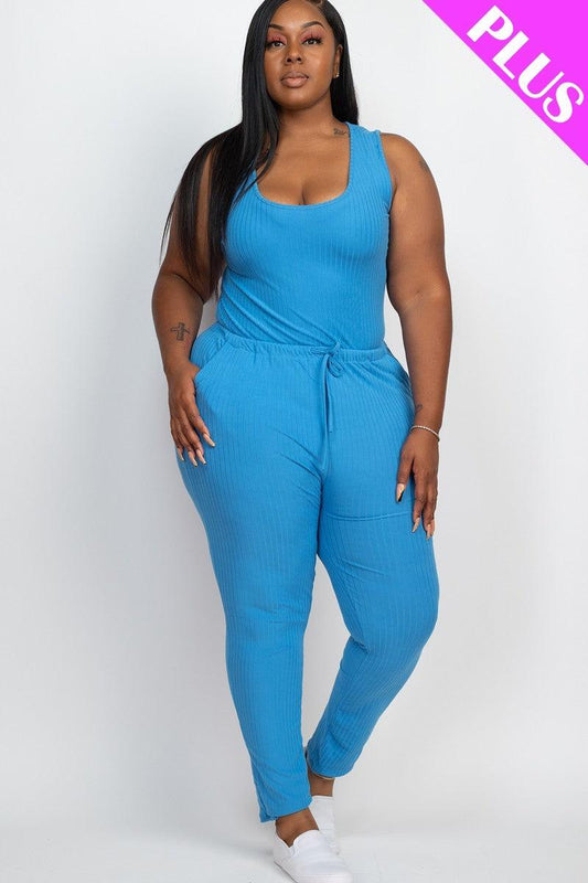 Plus Ribbed Sleeveless Drawstring Jumpsuit | Mixtshop LLC