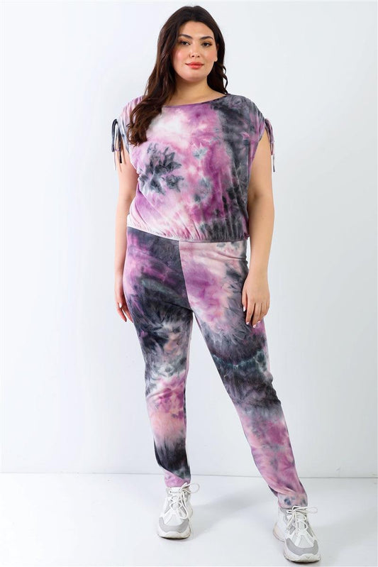 Plus Purple & Black Tie-dye Ruched Shoulder Detail Top & Pants Set | Mixtshop LLC