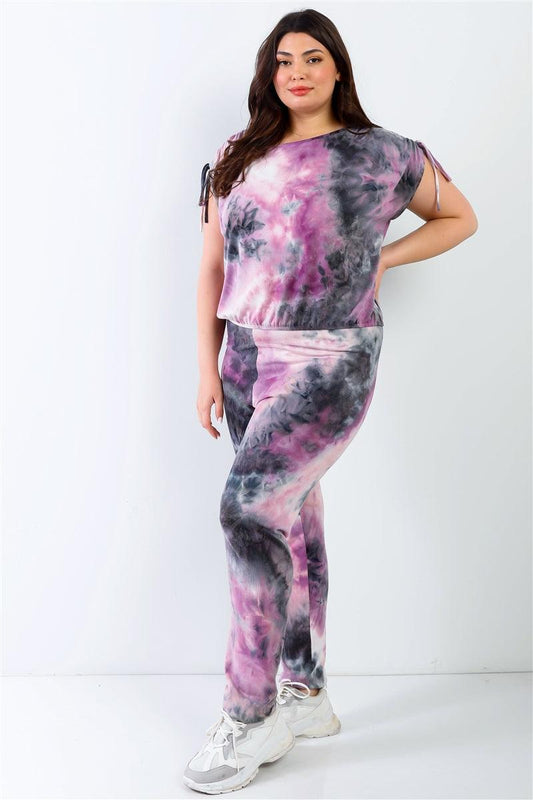 Plus Purple & Black Tie-dye Ruched Shoulder Detail Top & Pants Set | Mixtshop LLC