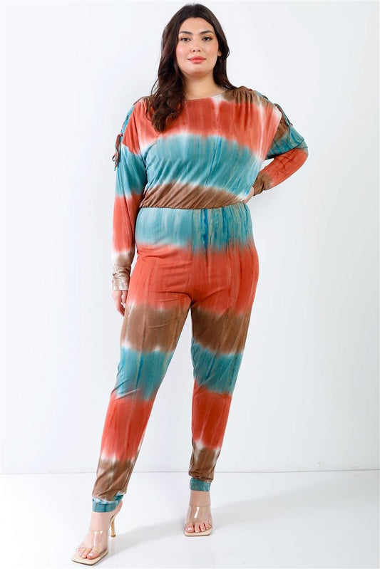 Plus Tie-dye Lace Up Shoulder Details Back Wrap Cut-out Jumpsuit | Mixtshop LLC