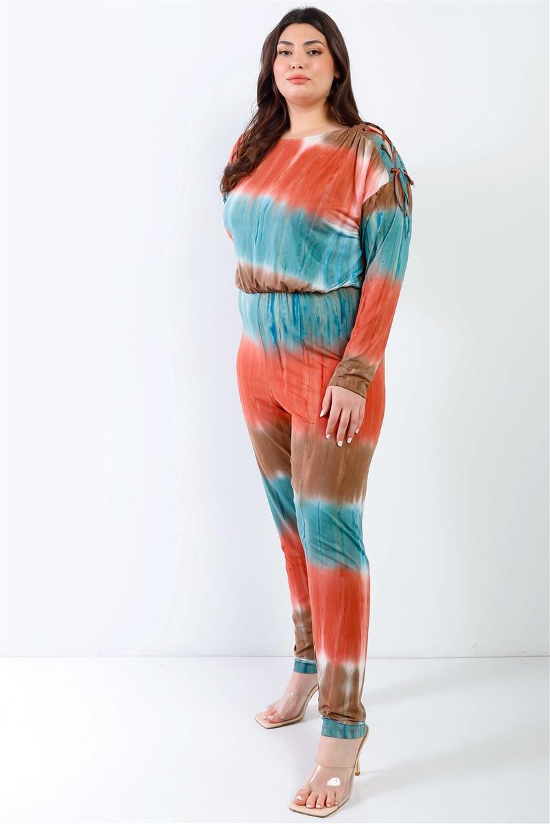 Plus Tie-dye Lace Up Shoulder Details Back Wrap Cut-out Jumpsuit | Mixtshop LLC