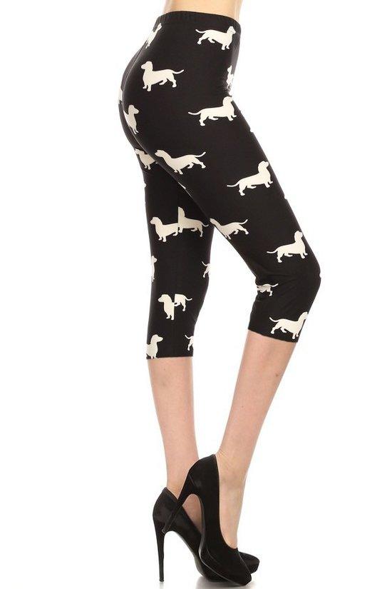 Dog Print, High Waisted Capri Leggings In A Fitted Style With An Elastic Waistband. | Mixtshop LLC