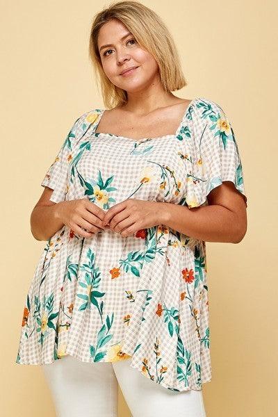 Plus Size Floral Check Printed Rayon Challis Square Neck Fashion Top | Mixtshop LLC