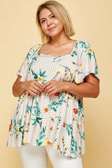Plus Size Floral Check Printed Rayon Challis Square Neck Fashion Top | Mixtshop LLC
