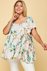 Plus Size Floral Check Printed Rayon Challis Square Neck Fashion Top | Mixtshop LLC
