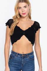 Short Sleeve V-neck Front Knot Detail Sweater Knit Crop Top | Mixtshop LLC