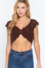 Short Sleeve V-neck Front Knot Detail Sweater Knit Crop Top | Mixtshop LLC