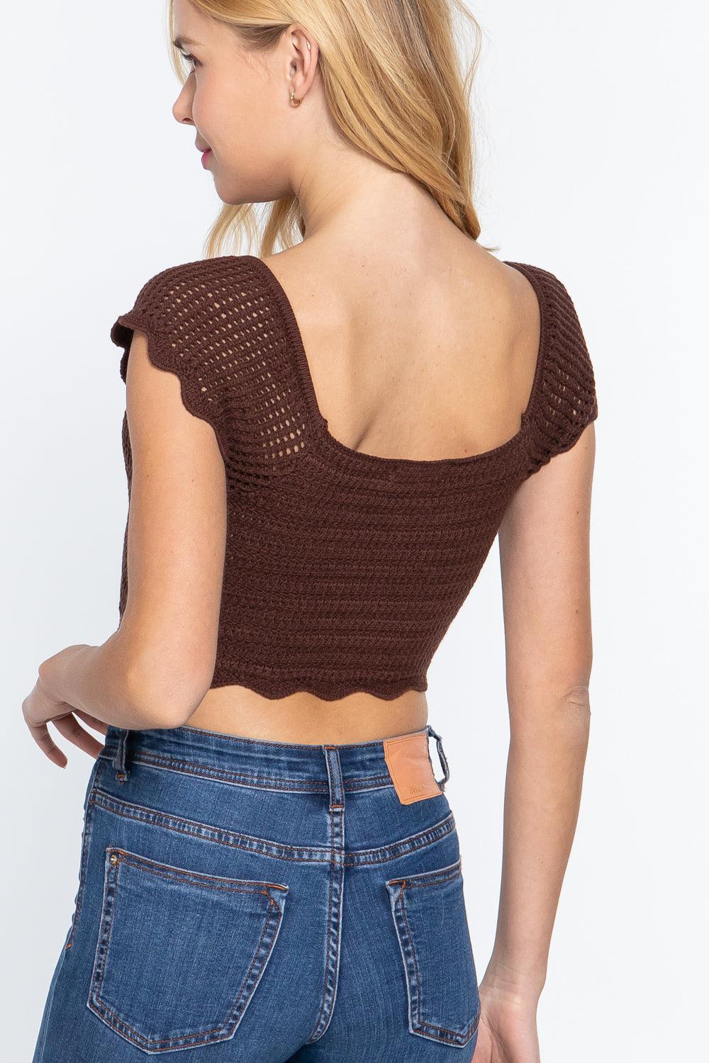 Short Sleeve V-neck Front Knot Detail Sweater Knit Crop Top | Mixtshop LLC
