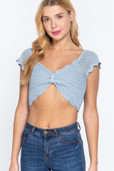 Short Sleeve V-neck Front Knot Detail Sweater Knit Crop Top | Mixtshop LLC