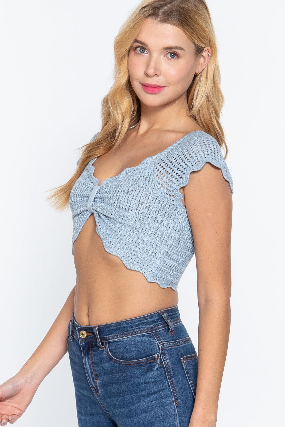 Short Sleeve V-neck Front Knot Detail Sweater Knit Crop Top | Mixtshop LLC