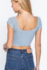 Short Sleeve V-neck Front Knot Detail Sweater Knit Crop Top | Mixtshop LLC