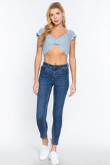 Short Sleeve V-neck Front Knot Detail Sweater Knit Crop Top | Mixtshop LLC