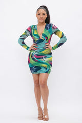 Long Sleeve Printed V-neck Dress | Mixtshop LLC