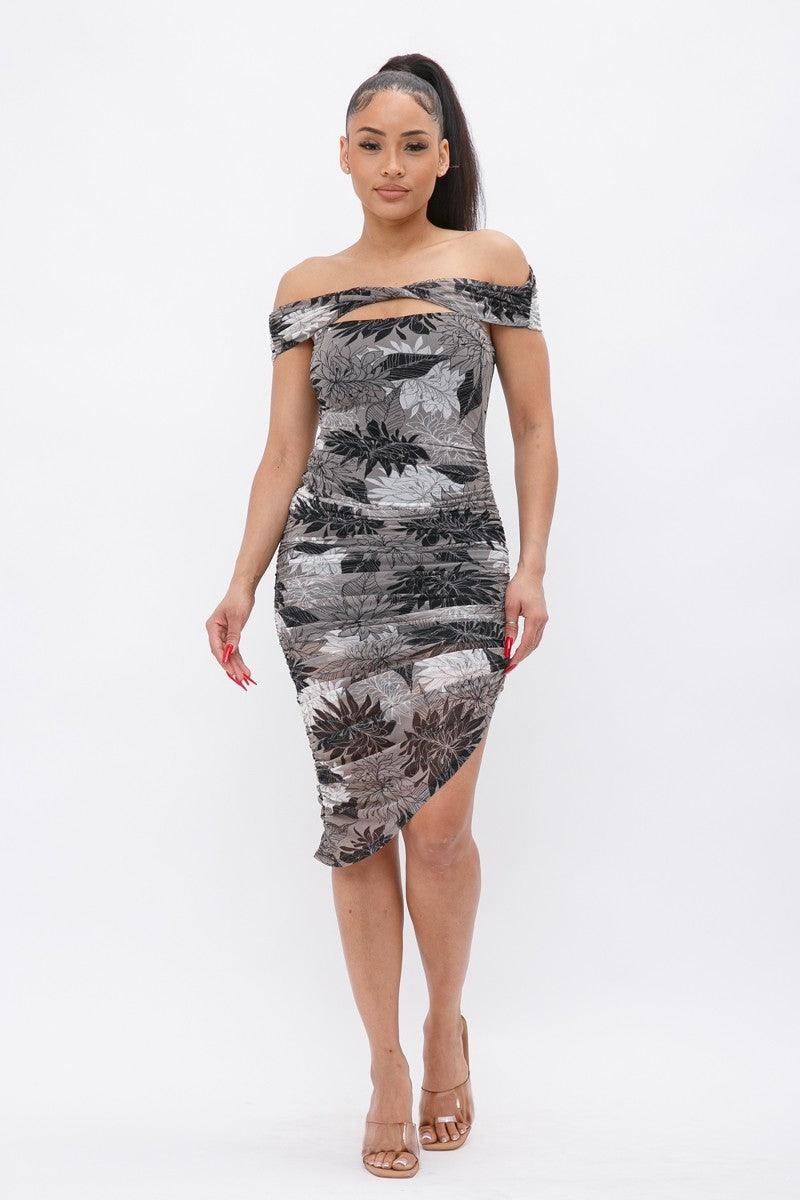 Printed Mesh Off Shoulder Dress | Mixtshop LLC