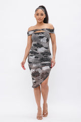 Printed Mesh Off Shoulder Dress | Mixtshop LLC